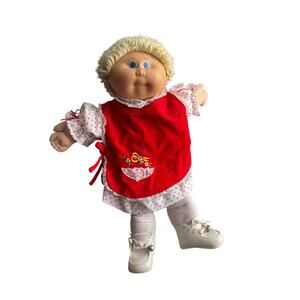VTG 1982 Cabbage Patch Kids Doll Blonde Hair Blue Eyes Bell On Shoes Red Dress